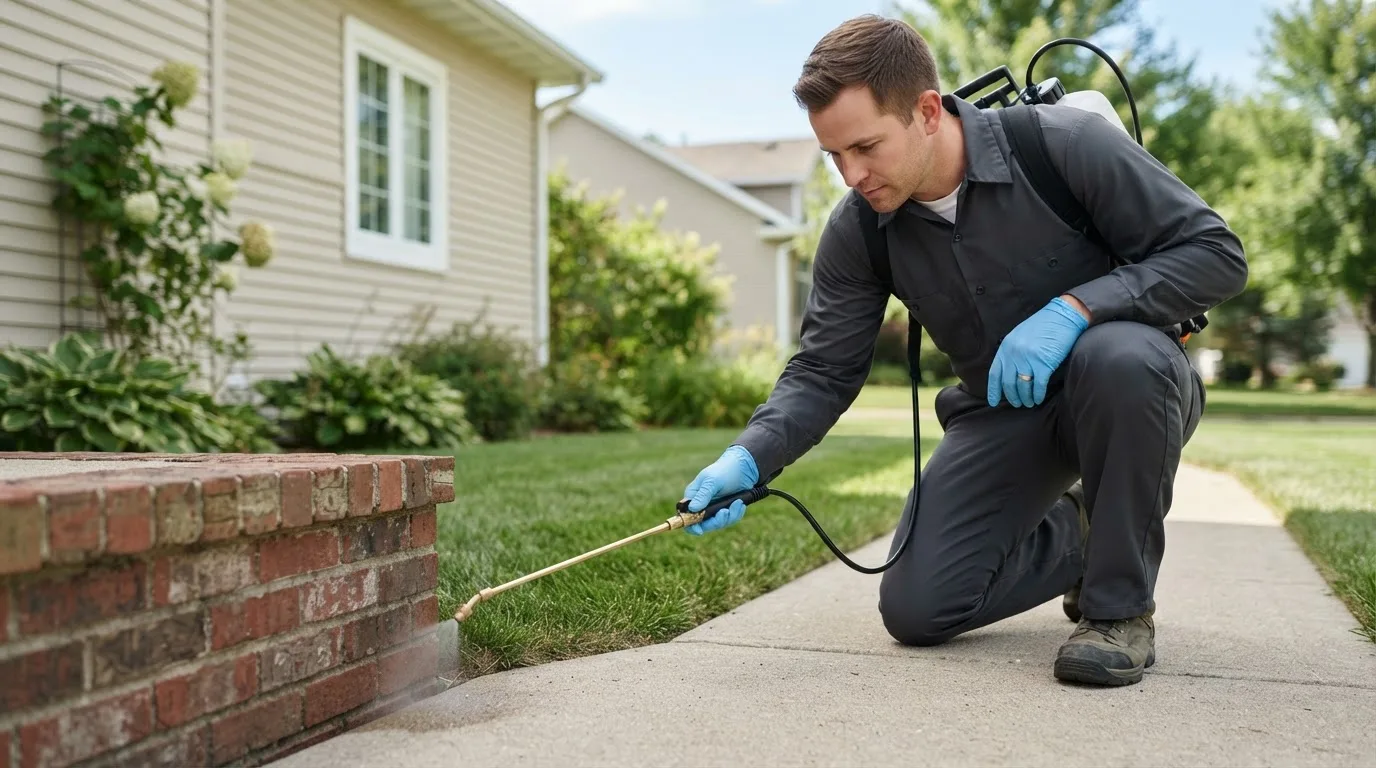 Pest control technician treating a home near Kinney, MN